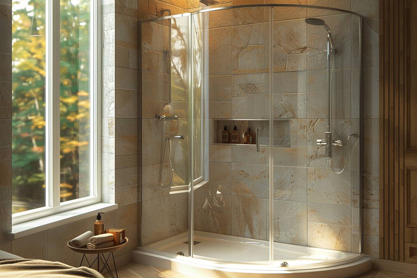 Cloison de douche dans une petite salle de bain  
Salle de bain avec cloison de douche bien agencée