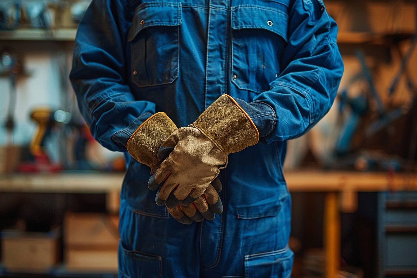 Électricien en tenue de travail avec outils  
Vêtement de sécurité et casque sur la tête