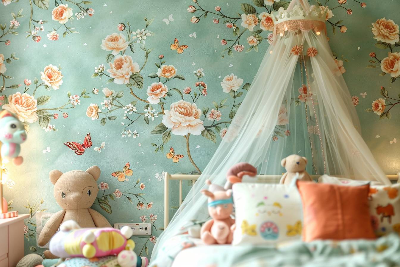 papier peint coloré et joyeux pour chambre enfant  
design floral doux pour chambre de petite fille