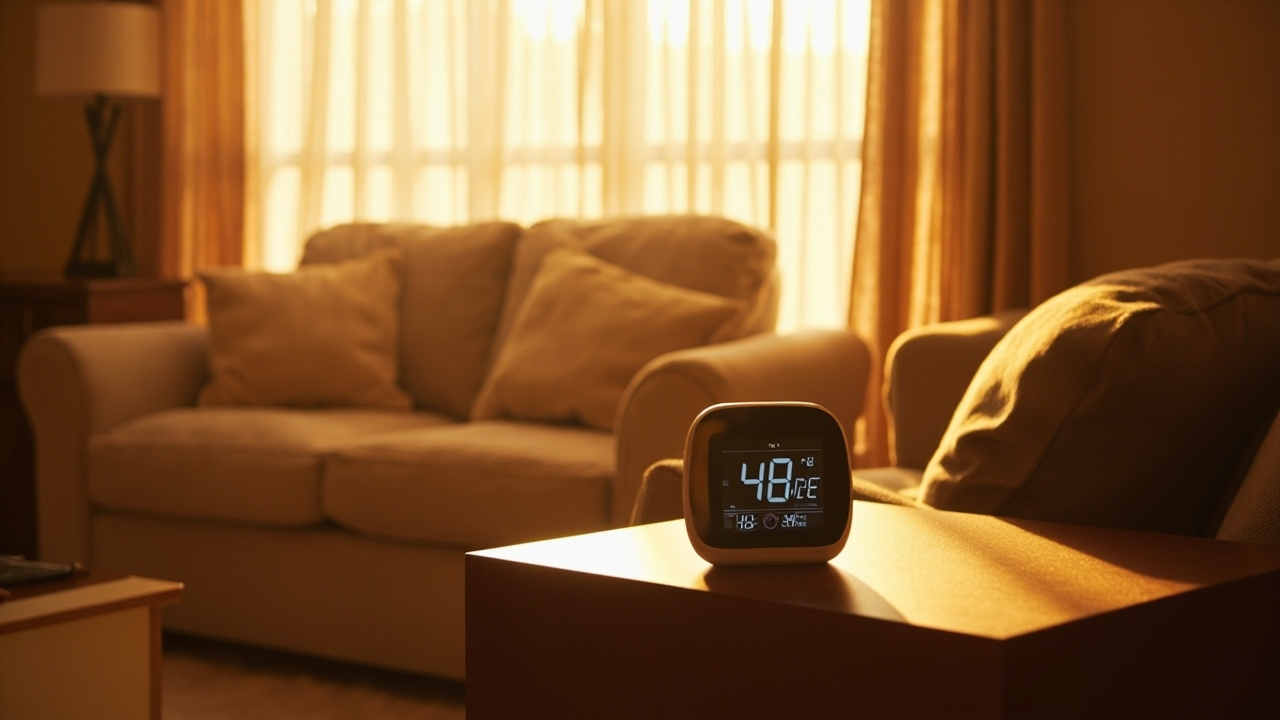 Homme surveillant un hygrometre dans une maison  
Maison avec hygrometre et humidité affichee