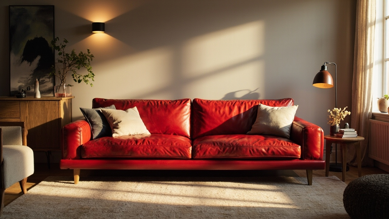 Canape cuir rouge dans un salon cosy  
Deco moderne avec sofa rouge en cuir