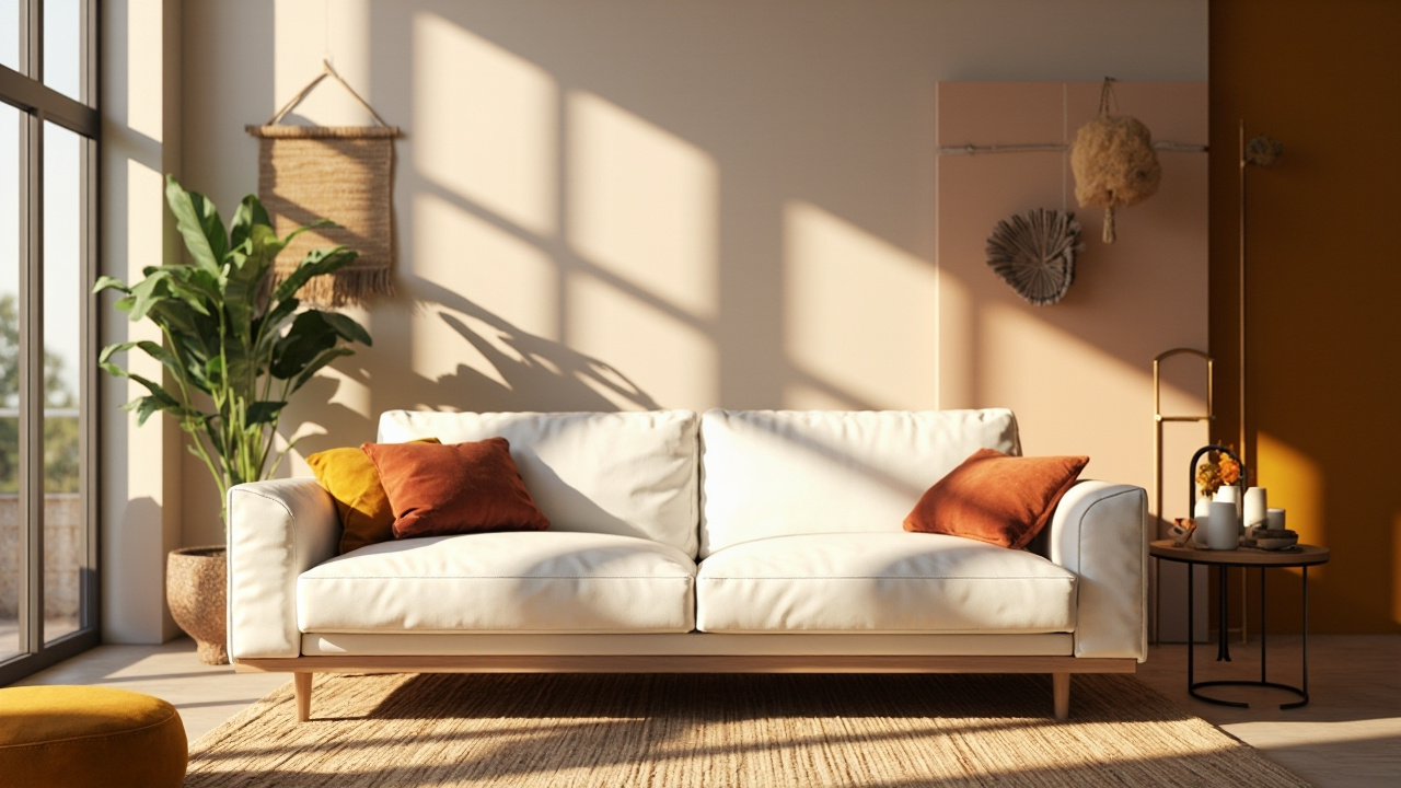 Canape cuir blanc dans un salon contemporain  
Salon avec canape cuir blanc et deco moderne