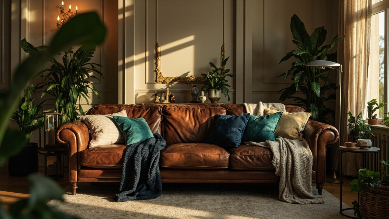 Canape en cuir marron dans un salon chaleureux  
Salon avec un canape marron et decoration moderne
