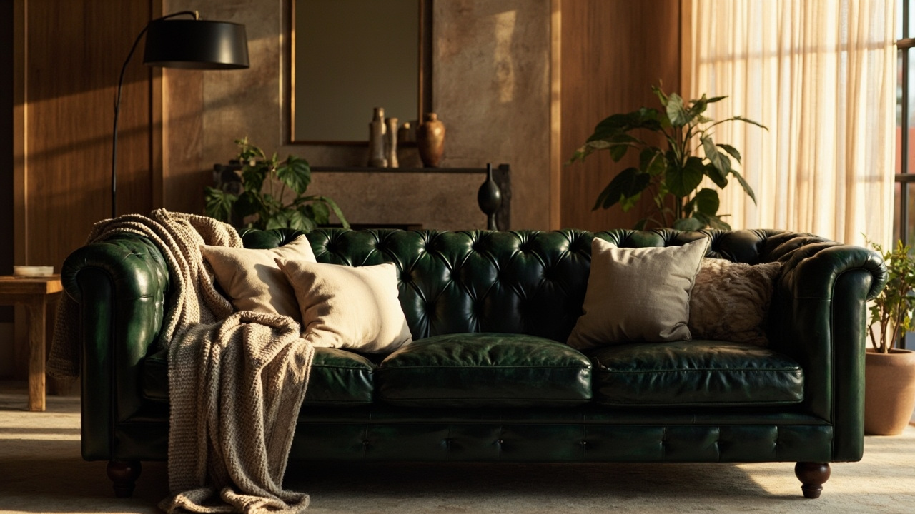 Canape cuir vert dans un salon moderne  
Salon avec canape vert en cuir naturel