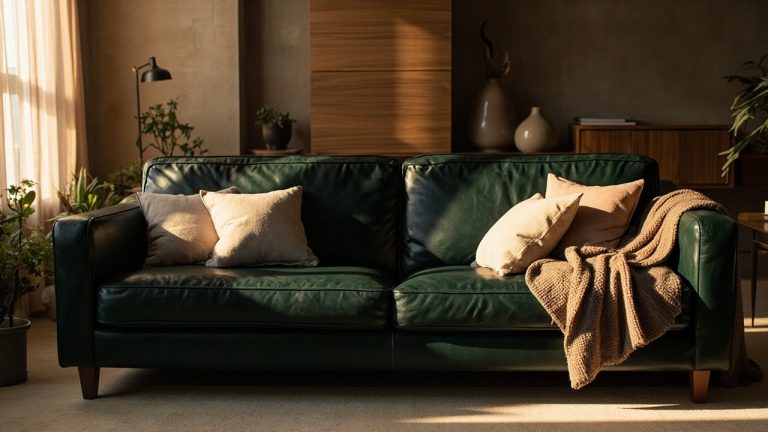 Canape cuir vert dans un salon moderne