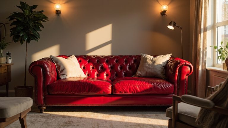 Canape cuir rouge dans un salon cosy